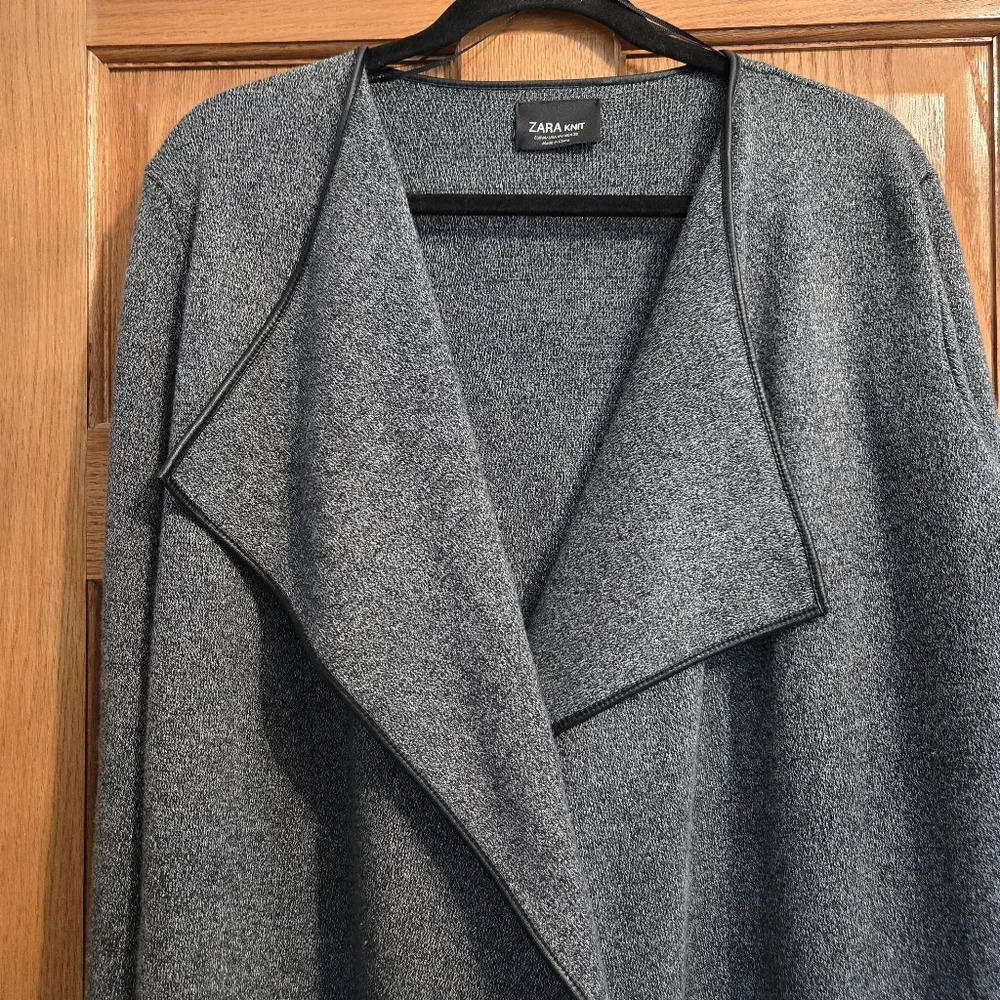 Zara Knit Knit Open Front Drape Cardigan Coatigan with Faux Leather Trim Medium - Picture 3 of 9